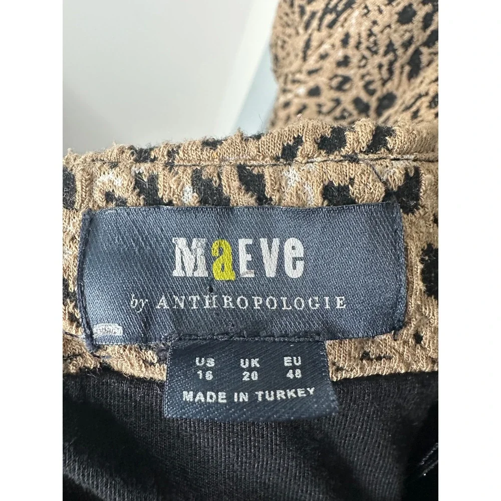 Maeve Anthropologie Leopard Print Puff Sleeve Cutout Back Dress Tan Black Sz 16